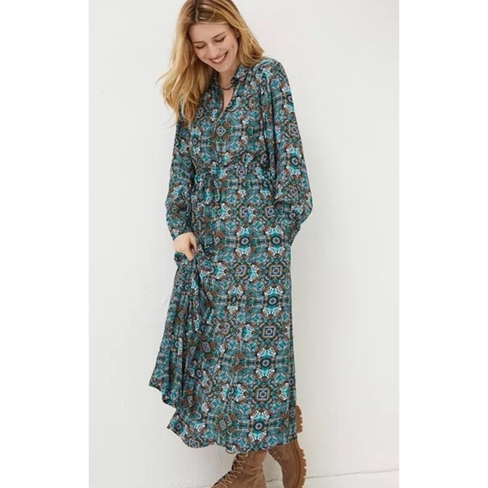 Fat Face Sz 20 Swinley Mirrored Floral Midi Button Shirt Dress Pockets Tie Waist